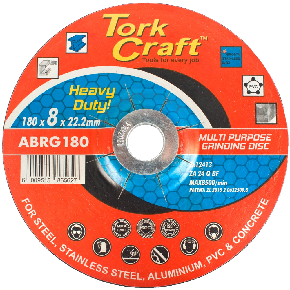 GRINDING DISC FOR STEEL 180 X 8.0 X 22.2MM STEEL S/STEEL CONCRET MULTI