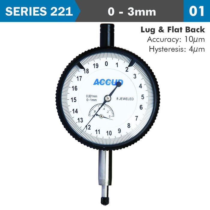DIAL INDICATOR 3MM 0.001MM GRAD. LUG&FLAT BACK