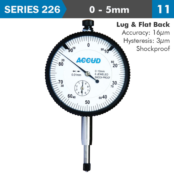 SHOCKPROOF DIAL INDICATOR 5MM GRAD.0.01MM LUG&FLAT BACK