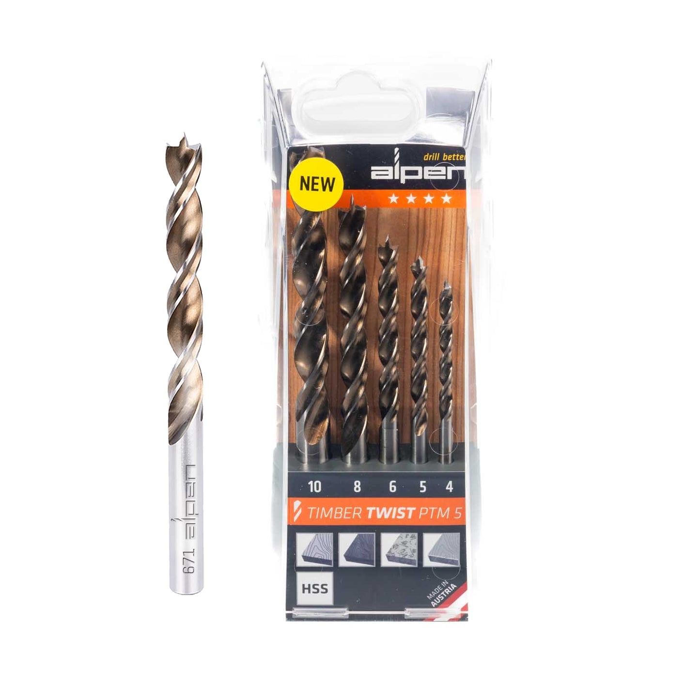 TIMBER TWIST WOOD DRILL BIT SET PTM5-5 4, 5, 6, 8, 10.0MM