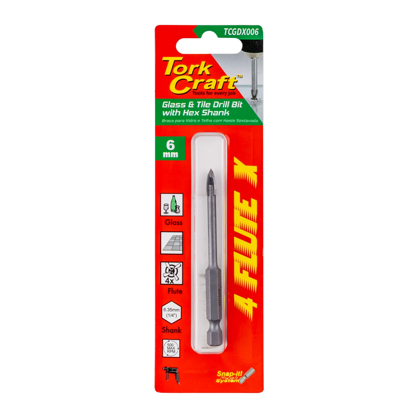 GLASS & TILE DRILL 6MM 4 FLUTE WITH HEX SHANK