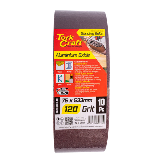 SANDING BELT 75 X 533MM 120GRIT 10/PACK