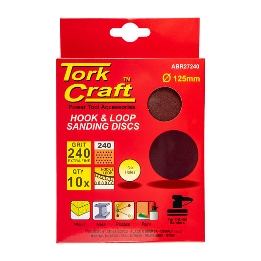 SANDING DISC 125MM NO HOLE 240 GRIT 10/PACK HOOK AND LOOP