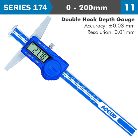 DIG. CALIPER 200MM 0.03MM ACC. DOUBLE HOOK DEPTH 0.01MM RES. S/STEEL