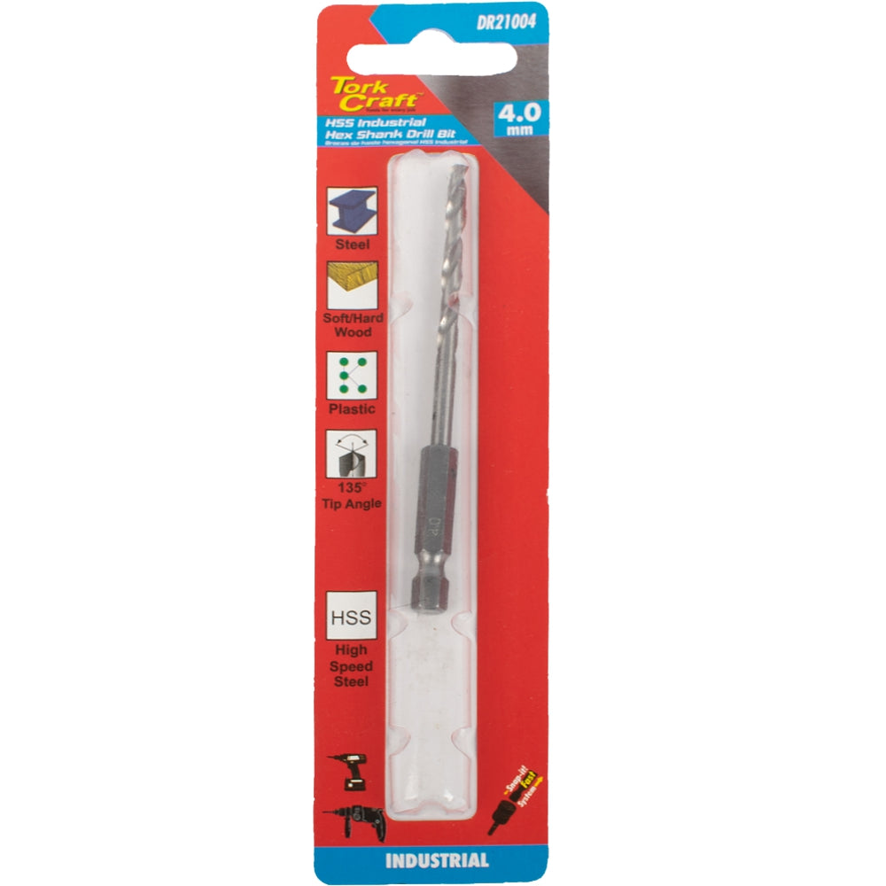 DRILL HSS 4.0MM 135DEG 1/CARD HEX SHANK INDUSTRIAL BIT