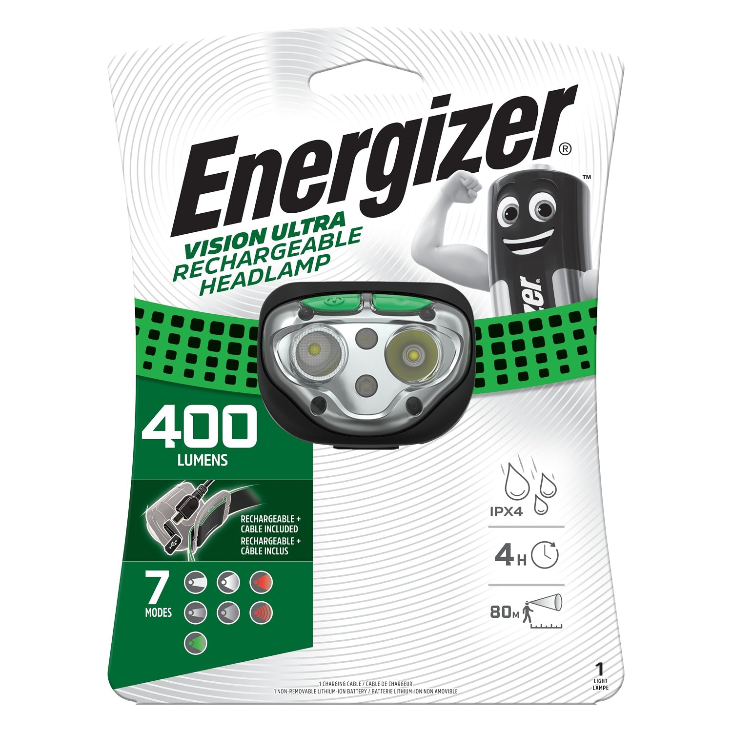 HEADLIGHT 400LUMENS VISION RECHARGE GREEN ENERGIZER