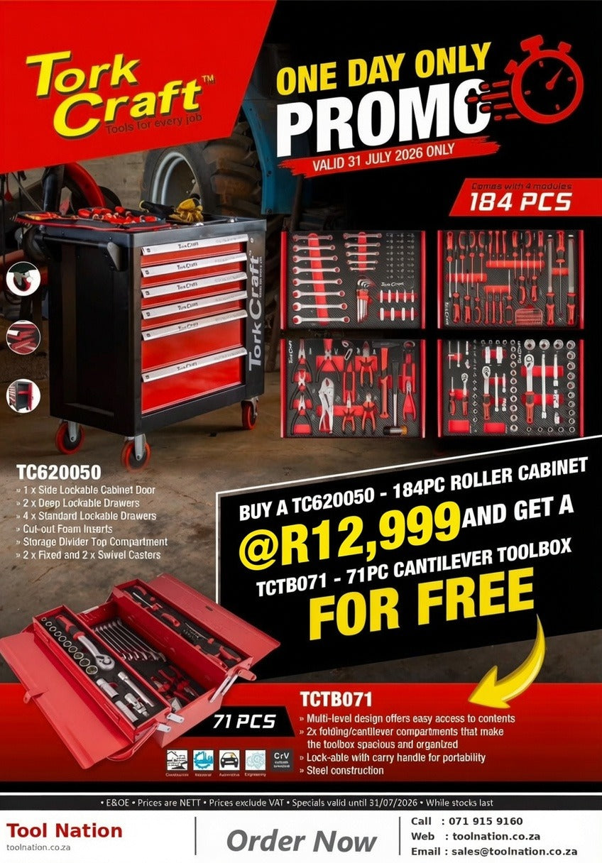 Tork Craft 184-Piece 6 Drawer Roller Tool Cabinet with FREE 71-Piece Cantilever Toolbox | One Day Only