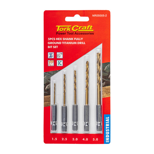 DRILL BIT SET 5PCS HSS FULLY GROUND TITANIUM HEX SHANK 1.5/2.5/3/4/5MM