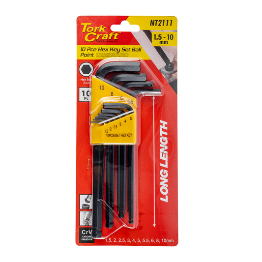 HEX KEY SET 10PC BALL POINT 1.5-10MM CARDED CR-V