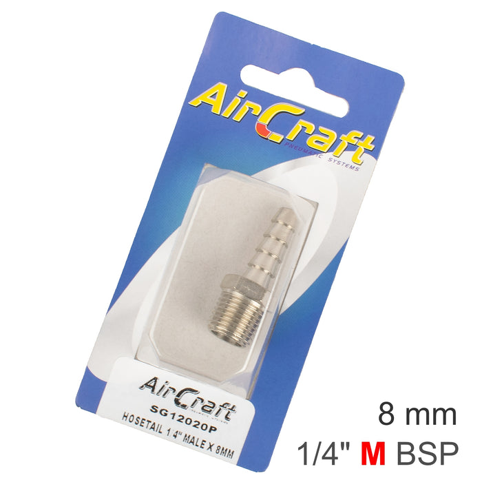 HOSETAIL 1/4' MALE X 8MM 1PC CARDED