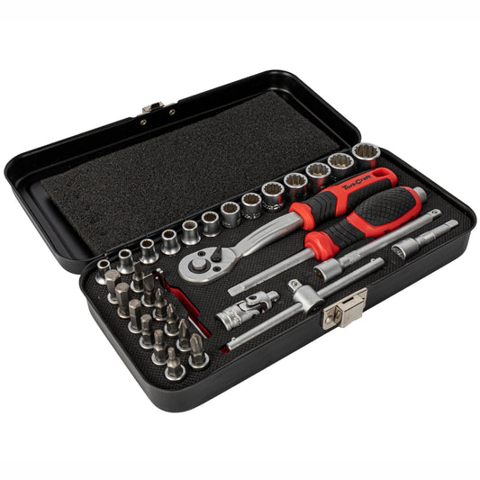 SOCKET & RATCHET SET 34PC 1/4' DR CRV 4-14MM 12 POINT METAL CASE