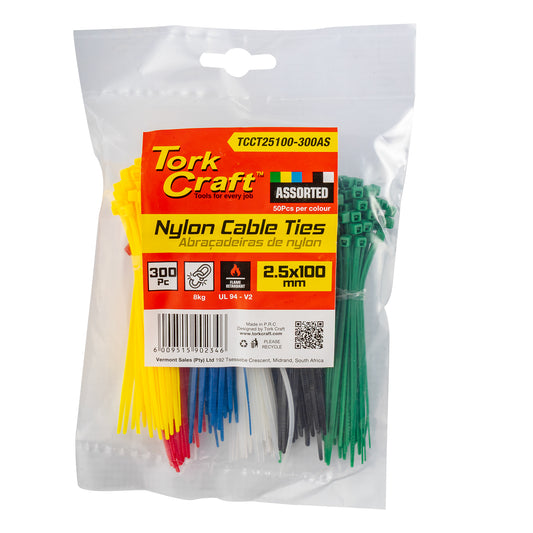 NYLON CABLE TIES 2.5MM x 100MM 300PC ASSORTED COLOURS