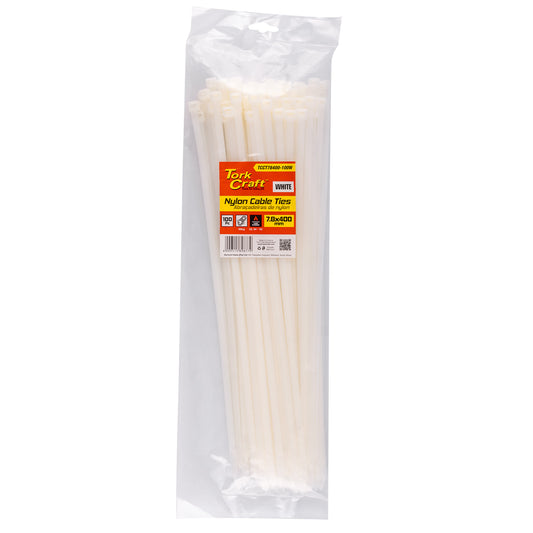 NYLON CABLE TIES 7.6MM X 400MM WHITE 100PC