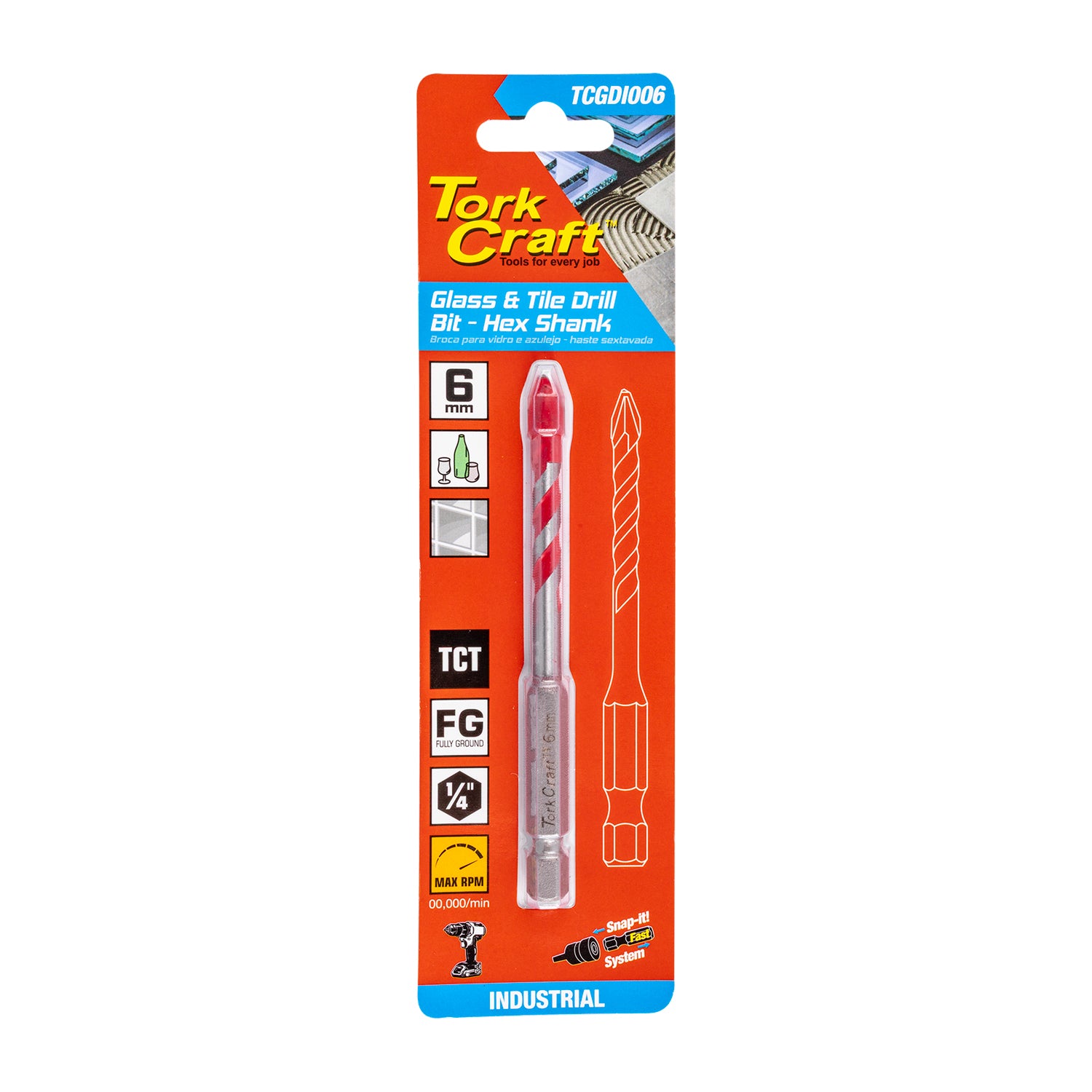 GLASS & TILE DRILL 6MM HEX SHANK INDUSTRIAL