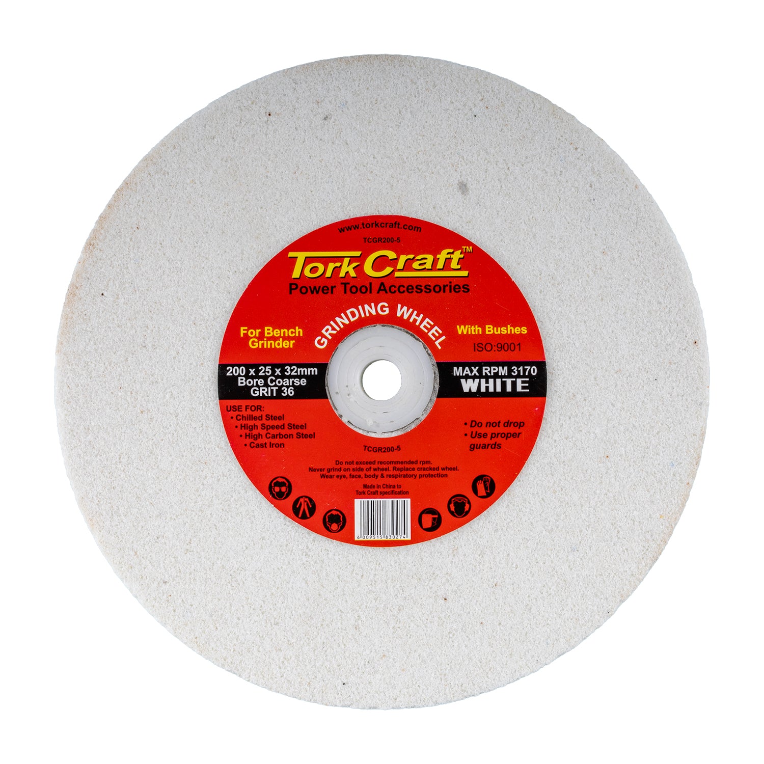 GRINDING WHEEL 200X25X32MM WHITE COARSE 36GR W/BUSHES FOR BENCH GRIN