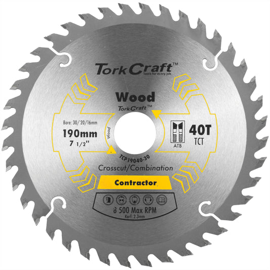 BLADE CONTRACTOR 190 X 40T 30/20/16 CIRCULAR SAW TCT
