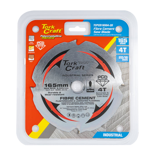 PCD SAW BLADE 165MM X 4T X20/16MM FIBRE CEM. MDF CHIPBOARD