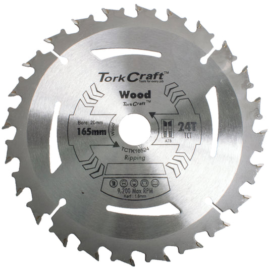 TCT SAW BLADE 165MM X 1.6MM X 20MM X 24T WOOD THIN KERF