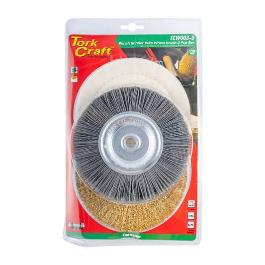 BENCH GRINDER SET 150MM 3PCE 1 x WIRE 1 x BUFF 1 x NYLON WHEEL