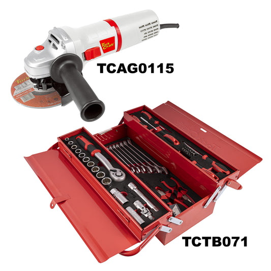 ANGLE GRINDER 115MM & CANTILEVER TOOL BOX 71PC COMBO