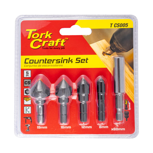 COUNTERSINK SET 5PCE SET CARBON (8,12,16,19MM C/W HEX SHANK ADAPTOR)